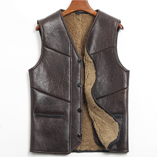 秋冬中老年皮毛一体V领马甲中年真皮衣男款 加厚马夹羊毛坎肩爸爸