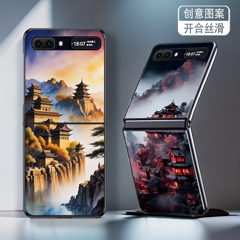 适用三星ZFlip手机壳galaxyzflip折叠屏ZFlip1代2代新款高级感防摔保护套山峰楼阁风景个性时尚创意男女国潮