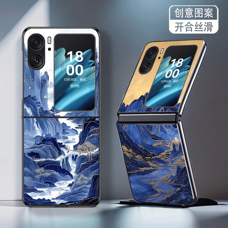 适用OPPOFindN2Flip手机壳OPPOFindN3Flip折叠屏新款防摔保护套蓝色山水风景画个性简约创意高级感轻奢男女潮