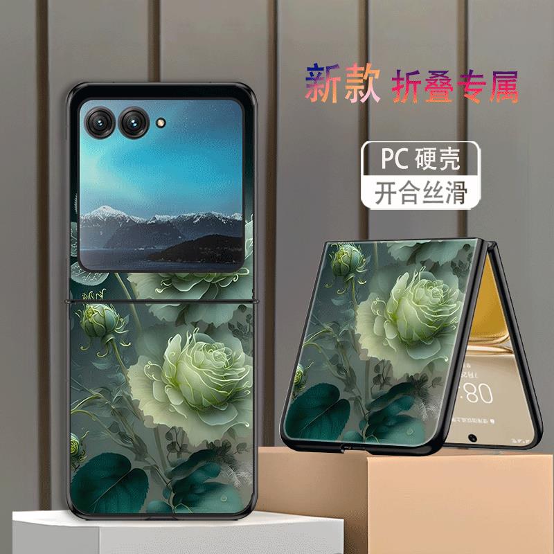 适用摩托罗拉razr60手机壳razr60Ultra折叠屏女新款高颜值防摔保护套绿玫瑰花网红高级感创意轻奢个性硬壳潮