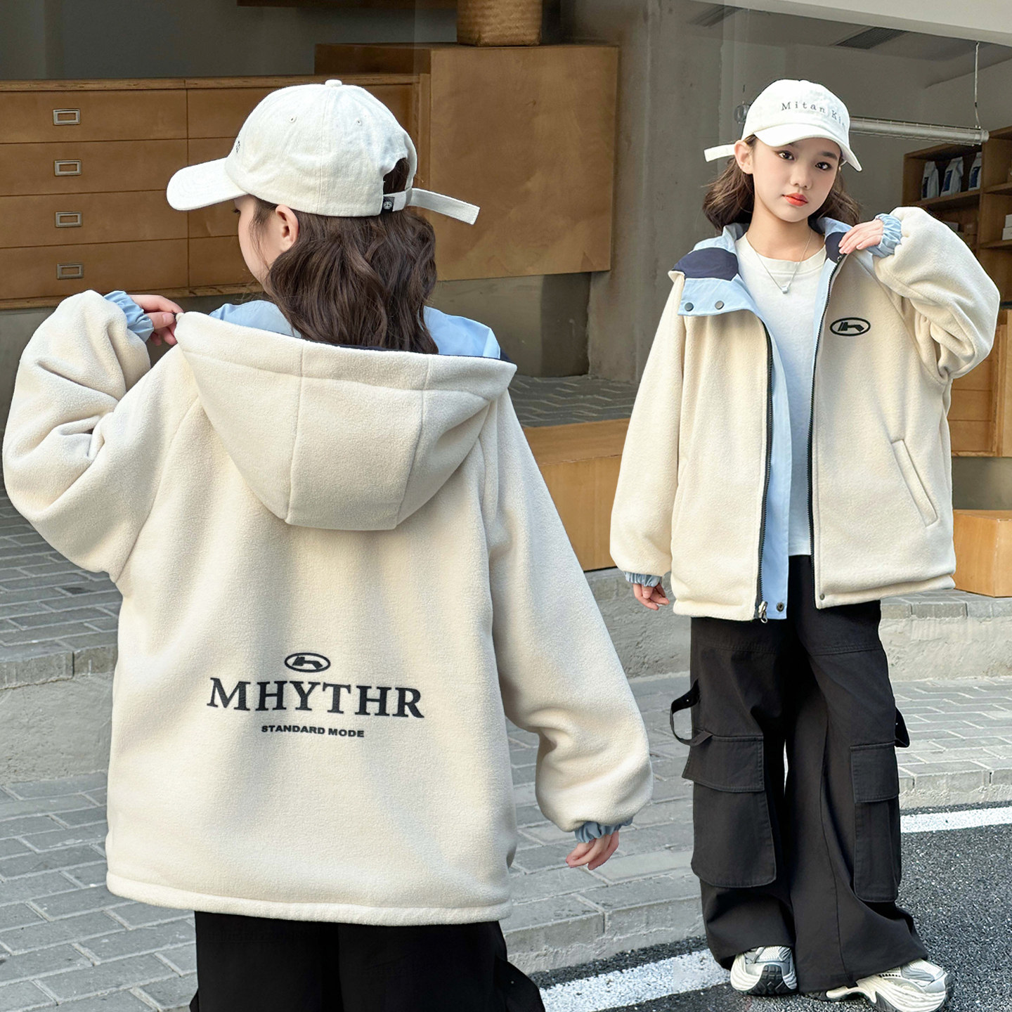 女童加绒外套2025新款儿童两面穿冲锋衣中大童秋冬防风上衣休闲潮