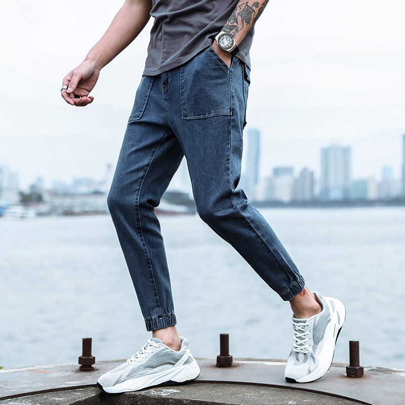 Men's elastic jeans casual corset pants Korean fashion 9-point loose overalls pants for men