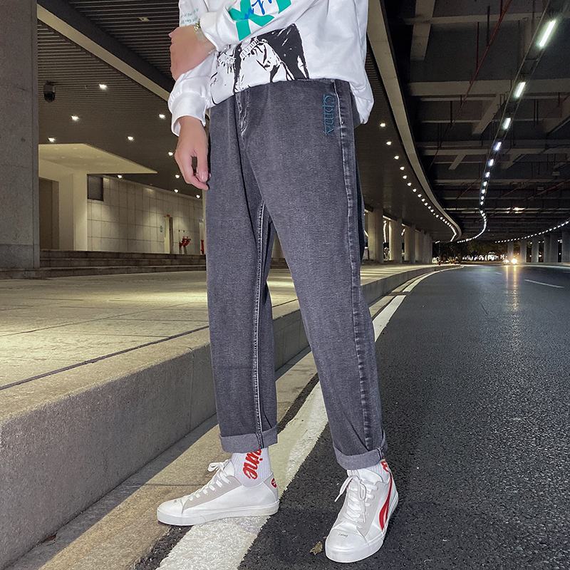 Loose straight jeans, men's fashion brand, wide leg, Korean fashion student's all-around nine point pants