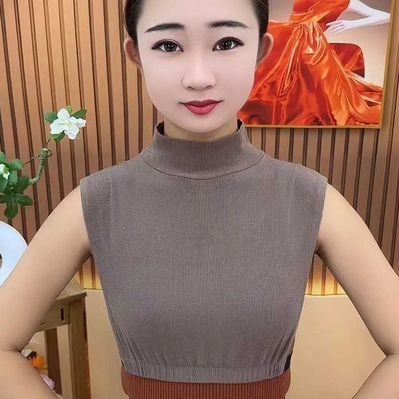 半高领无袖针织背心女 修身内搭马甲 纯色弹力打底上衣女装假领