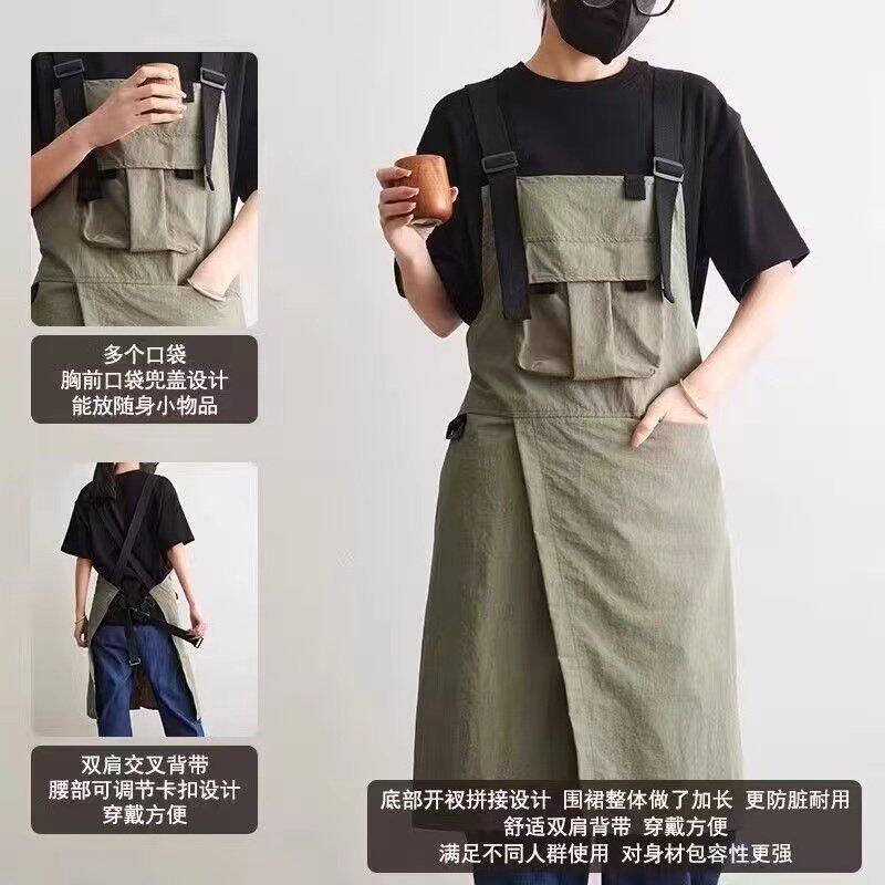 日式斜开叉背带围裙男女多口袋防