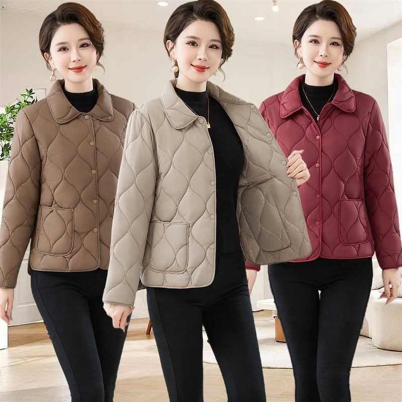 妈妈秋冬翻领轻薄短款棉服棉袄