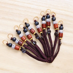 祥云珠星月菩提桶珠酸枝木咖色平结活扣钥匙绳编织钥匙扣挂件配件