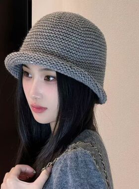 简约百搭卷边针织渔夫帽子女秋冬新款时尚显脸小盆帽大头围毛线帽