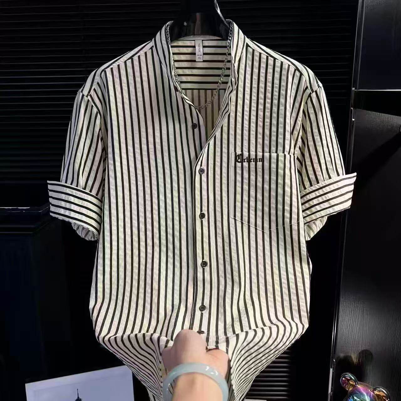 夏季薄款男士短袖衬衫潮流休闲帅气百搭时尚条纹泡泡纱七分袖衬衣