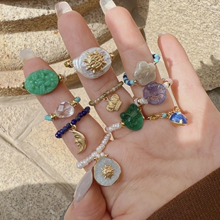 贝玛A原创手作春夏叠戴天然石珍珠琉璃戒指串珠弹力松紧搭配戒女