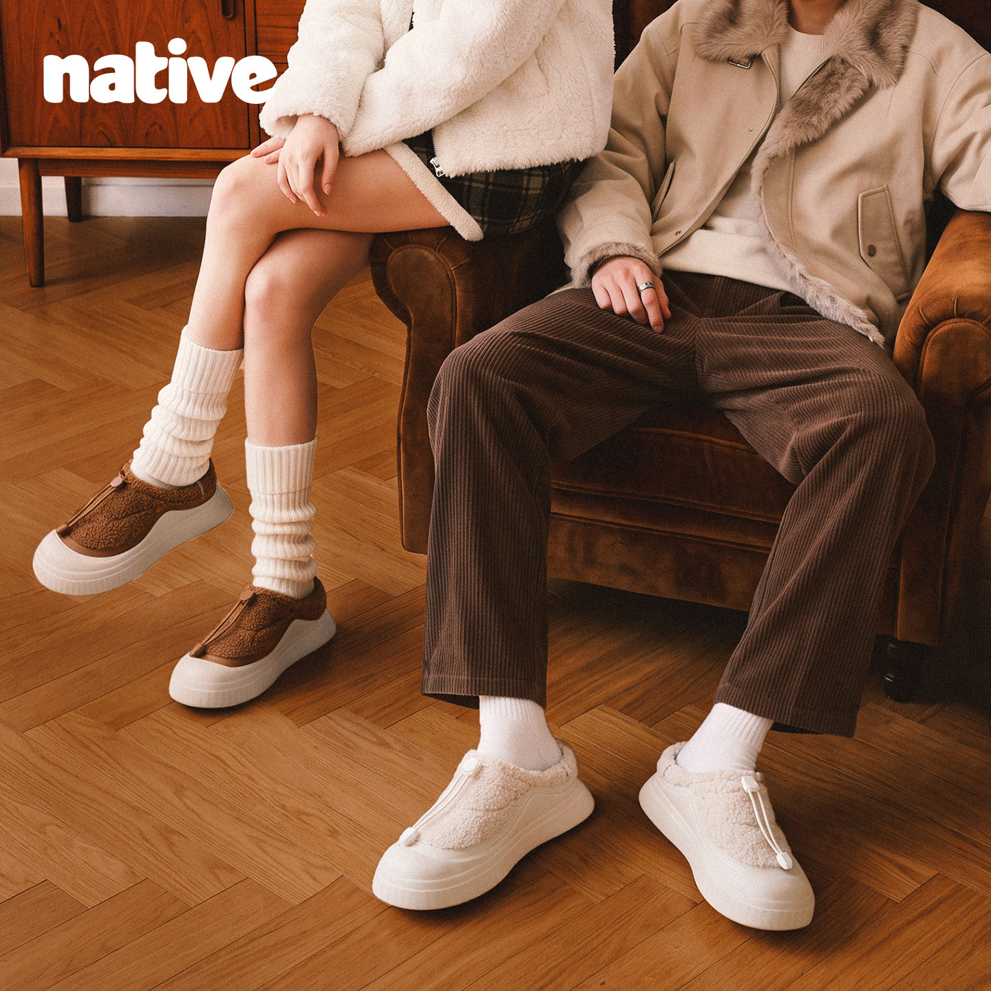 native新款一脚蹬休闲鞋男女羊羔毛厚底增高软底鞋户外防滑单鞋