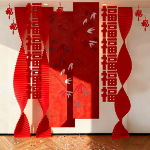 橱窗中式红色乔迁过年元旦新年折纸背景拍摄布置道具马年瓦楞纸