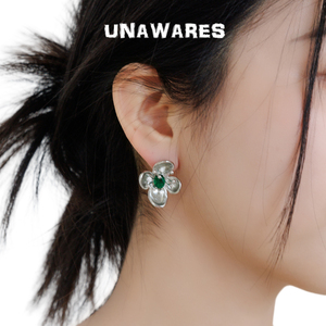 UNAWARES新中式金属感轻欧美风深绿色花朵人工水晶耳钉环小众