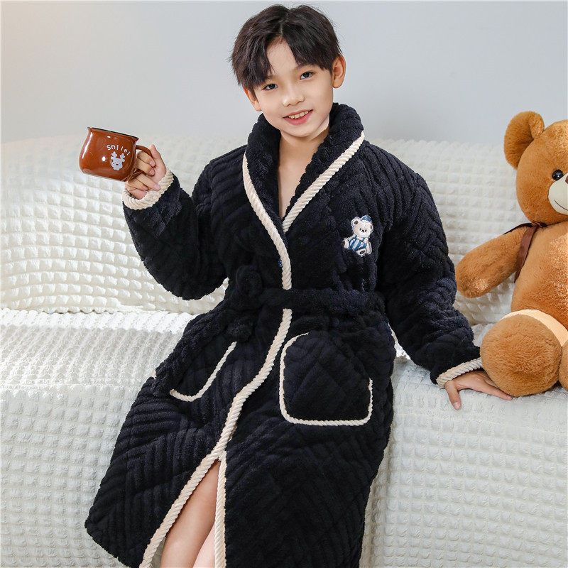 中大儿童加厚款家居睡袍男童男孩夹棉睡衣长款法兰绒男生学生浴袍