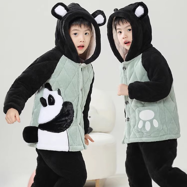 冬季男童夹棉加厚睡衣套装儿童三层加绒保暖棉服男学生男孩家居服