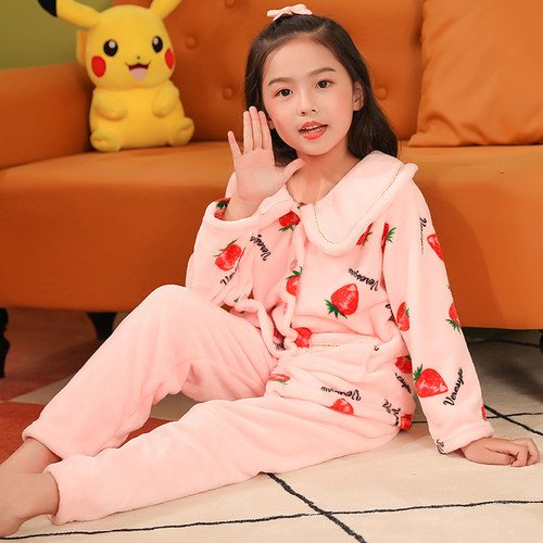 女童睡衣女孩保暖法兰绒家居服