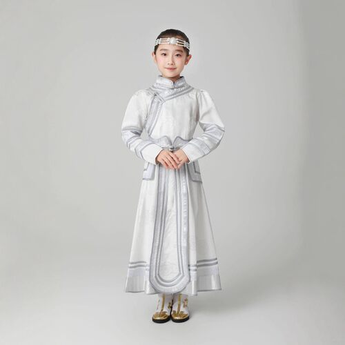儿童蒙古袍旅拍摄影女长款蒙古族舞蹈服新款表演服小女孩迎宾礼服