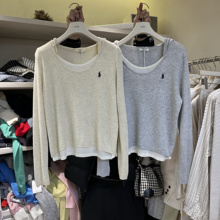 特大码300斤设计感假两件小马刺绣连帽针织衫女春夏修身条纹上衣