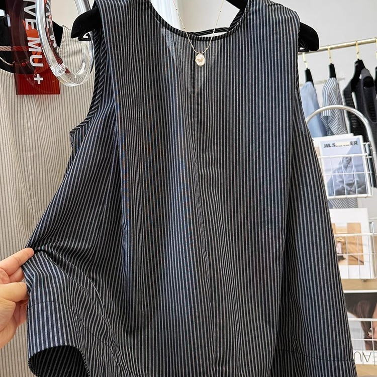 特大码300斤韩版小众条纹无袖衬衫女夏季宽松百搭后背设计感上衣