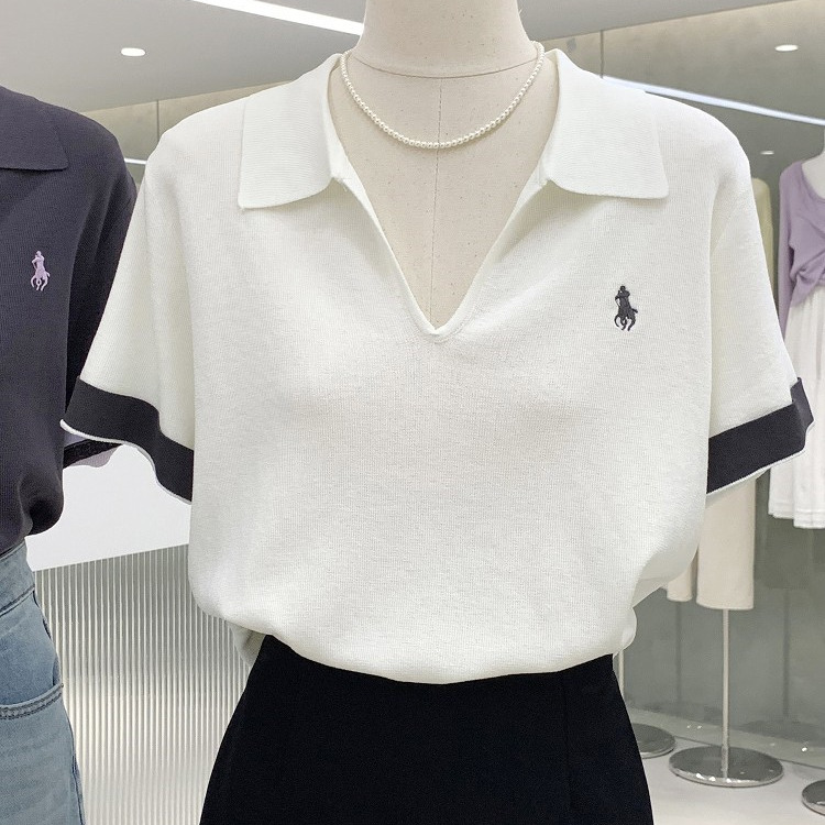 特大码300斤V领刺绣小马撞色针织衫女修身显瘦上衣夏季短袖T恤衫