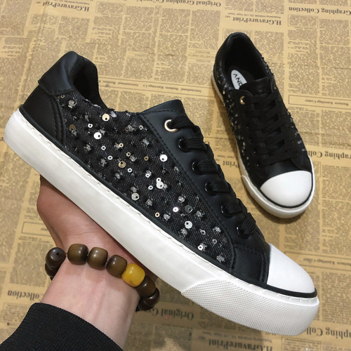 出口老美亮片硫化低帮女板鞋