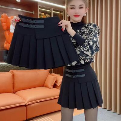 百褶裙半身裙春秋女高腰皮扣a字裙大码设计感小个子学生褶皱短裙