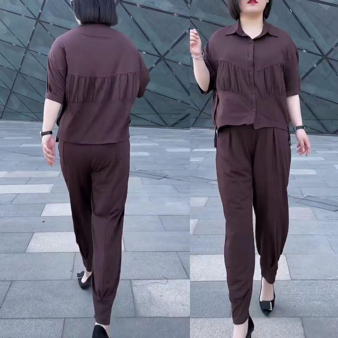 纯色压褶翻领开衫上衣两件套