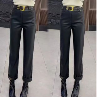 时尚黑色加绒皮裤新款PU高腰显瘦秋冬小个子百搭柔软仿皮九分裤子