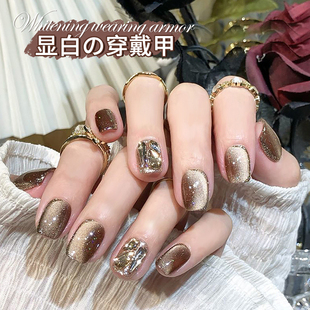 显白穿戴甲黄黑皮中长款手工式指甲贴片小众高级感美甲成品甲片