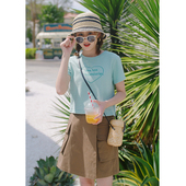 花吉B419绿色爱心印花圆领短袖 T恤女2025新款 夏可爱宽松学生上衣