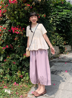 花吉K317烟紫色高腰宽松休闲气球裤女2026新款夏八分小个子阔腿裤