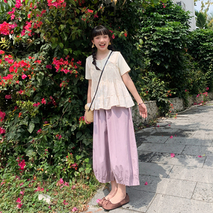 夏八分小个子阔腿裤 女2026新款 花吉K317烟紫色高腰宽松休闲气球裤