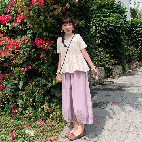 花吉K317烟紫色高腰宽松休闲气球裤女2026新款夏八分小个子阔腿裤