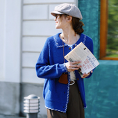 秋宽松针织衫 花吉B842宝蓝色手缝线翻领针织开衫 女2025年新款 毛衣