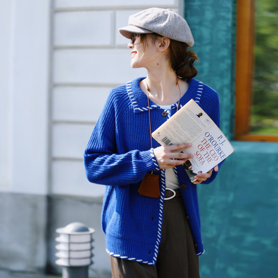 花吉B842宝蓝色手缝线翻领针织开衫女2025年新款秋宽松针织衫毛衣