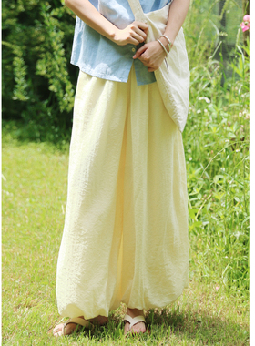 花吉L021奶油黄宽松柔软云朵花苞休闲裤女2025新款夏九分灯笼裤