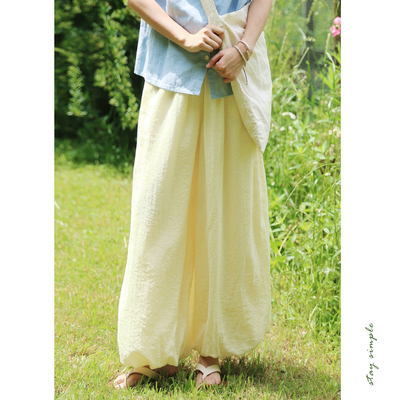 花吉奶油黄宽松云朵休闲灯笼裤