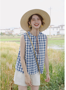 花吉B764蓝白色纯棉格子条纹打褶无袖衬衫女2025新款夏格纹衬衣