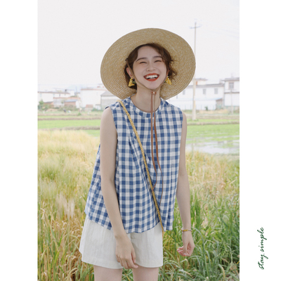 花吉B764蓝白色纯棉格子条纹打褶无袖衬衫女2026新款夏格纹衬衣
