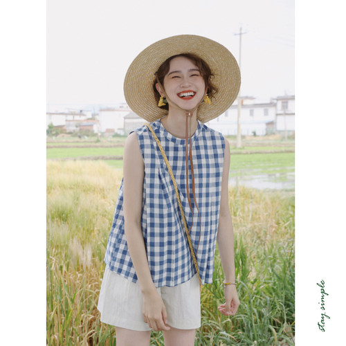 花吉B764蓝白色纯棉格子条纹打褶无袖衬衫女2026新款夏格纹衬衣
