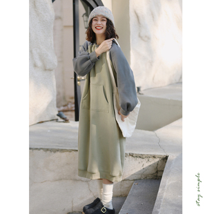 花吉Q559灰绿色懒人穿搭加绒拼色卫衣裙女2025新款 秋冬卫衣连衣裙