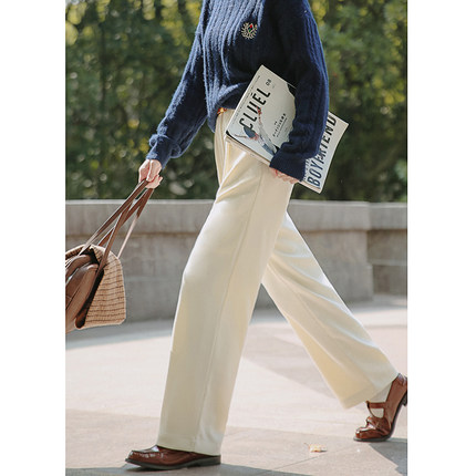 花吉K172米白色两粒扣宽松休闲垂感直筒裤女2025新款秋冬休闲裤