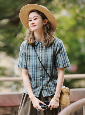 花吉B952蓝绿格纹前后两穿全棉格子衬衫女2026新款夏短袖宽松衬衣