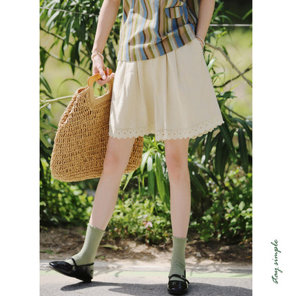 花吉L013米黄色斜纹竹节花边高腰日系阔腿短裤女2025新款夏休闲裤