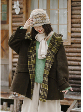 花吉C103焙茶绿拼格纹斗篷连帽双面呢大衣2025新款冬季毛呢外套