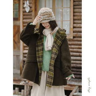 花吉C103焙茶绿拼格纹斗篷连帽双面呢大衣2025新款 毛呢外套 冬季