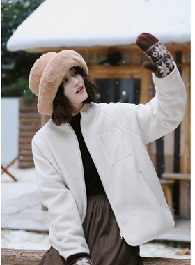 花吉C108米色日系休闲立领摇粒绒拉链外套女2025新款秋冬宽松上衣