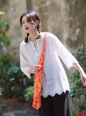 花吉C188云白色七分袖系带v领镂空刺绣白衬衫女2026新款夏衬衣