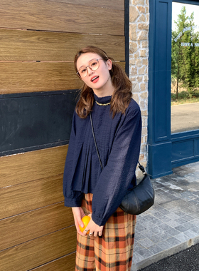 花吉B854藏青色翻折领套头全棉风琴褶泡泡袖衬衫女2025新款秋衬衣