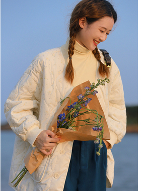 花吉B601奶油色小黄花绗棉薄款V领宽松棉服女2025年新款冬季棉衣